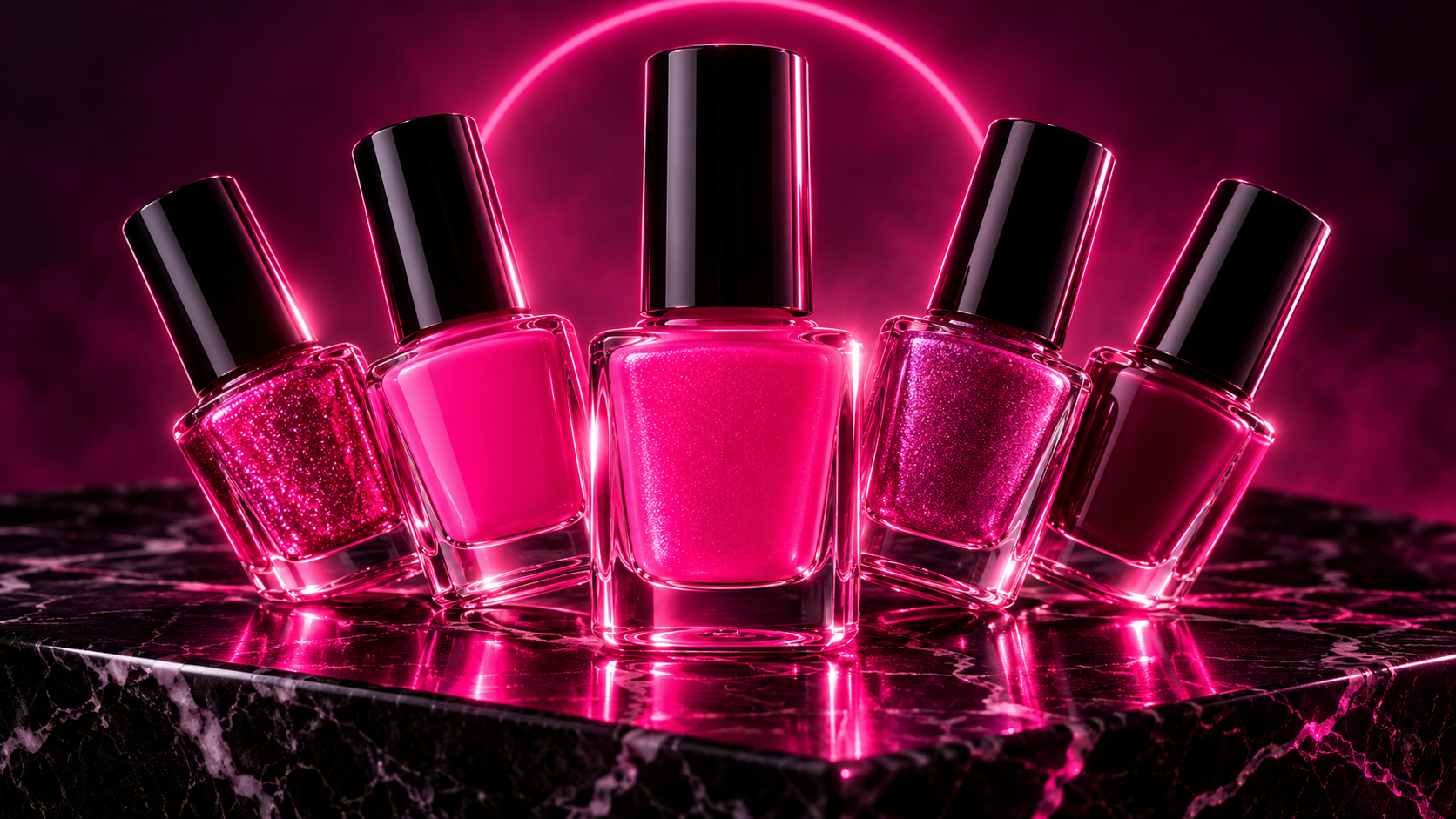 Illustrative still life: nail lacquer bottles glowing pink on black marble