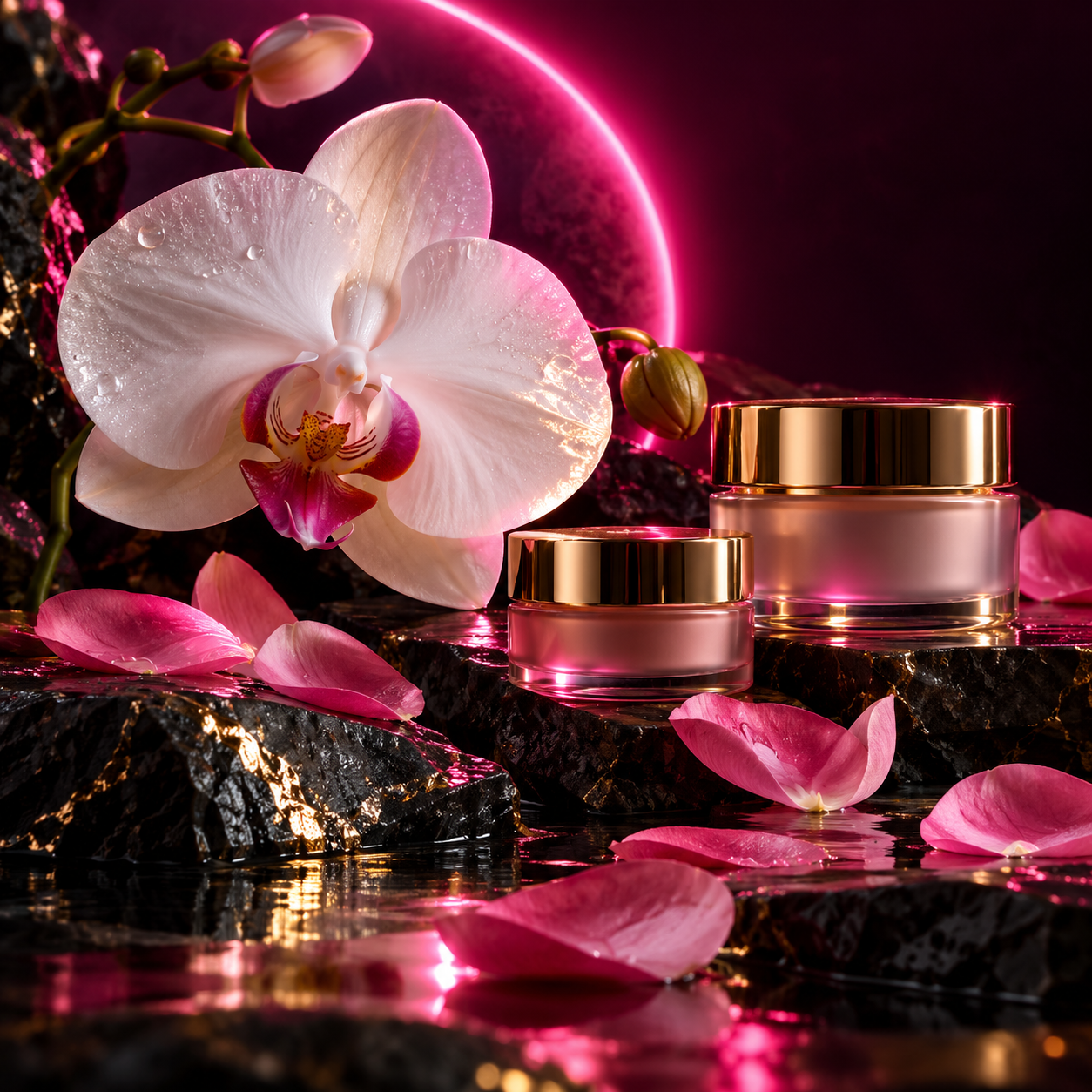 Illustrative still life: white orchid and pink petals beside gold-trimmed jars